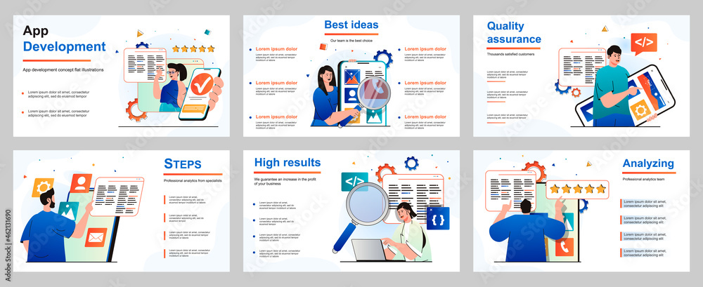 Poster App development concept for presentation slide template. People developers generate ideas, create ui design, optimizes programs, software, mobile, application. Vector illustration for layout design