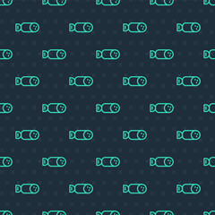 Green line Salami sausage icon isolated seamless pattern on blue background. Meat delicatessen product. Vector