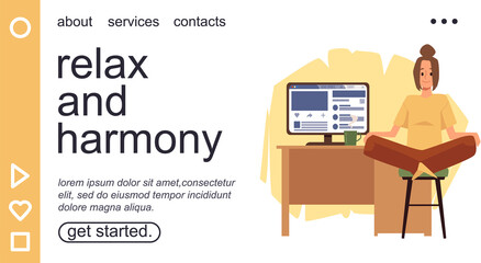 Office yoga training website for workplace relaxation, flat vector illustration.