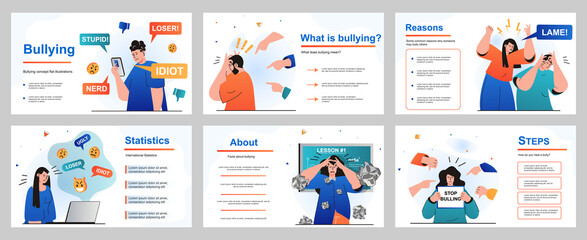Bullying concept for presentation slide template. People suffer from abuse and problems at school, work or Internet. Toxic communication, depression and stress. Vector illustration for layout design