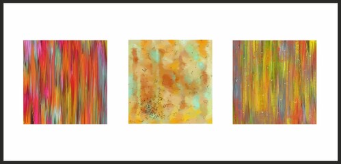 A set of three paintings. Abstract art oil paints canvas painting bright background. A square picture for a stylish children's interior.