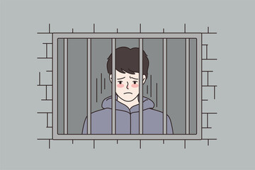 Sad man behind steel bars in country jail. Distressed unhappy male feel depressed sit in prison. Criminal convict imprisoned for illegal actions. Cartoon character flat vector illustration.