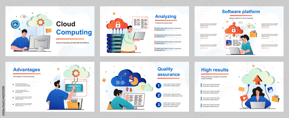 Aufkleber Cloud computing concept for presentation slide template. People uploading files, storage data at server and processing information, using cloud technology. Vector illustration for layout design