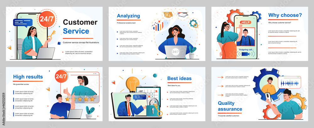 Poster Customer service concept for presentation slide template. Operators answer calls and messages around the clock, consult people and solve technical issues. Vector illustration for layout design