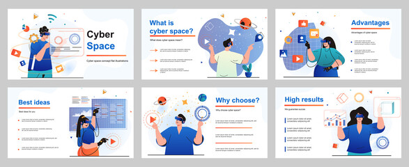 Cyberspace concept for presentation slide template. People uses virtual reality glasses, gaming, working and learning at interactive space with VR simulation. Vector illustration for layout design - obrazy, fototapety, plakaty