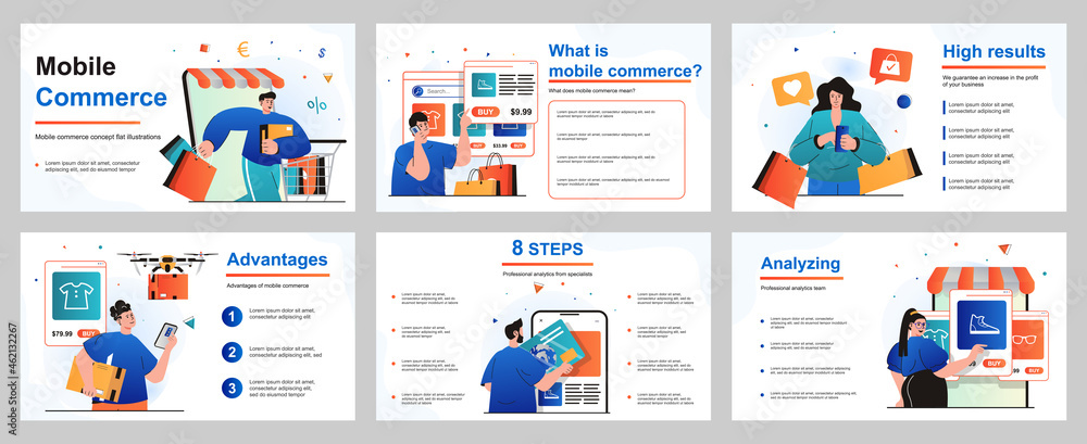 Poster mobile commerce concept for presentation slide template. people customers shopping in mobile applica