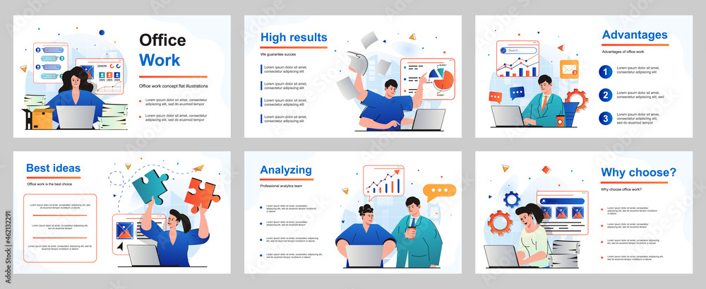 Poster office work concept for presentation slide template. employees working at laptops, perform tasks, pa