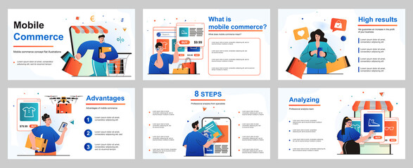 Mobile commerce concept for presentation slide template. People customers shopping in mobile application, online payment, ordering home delivery for purchases. Vector illustration for layout design
