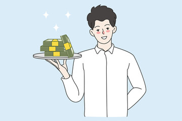 Smiling man hold tray with money cash, give bank loan or mortgage to client or customer. Banker with banknote stack pile on server. Financial investment, saving, finance. Vector illustration. 