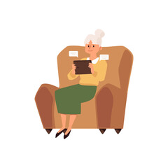 Elderly woman sitting at chair using tablet, flat vector illustration.