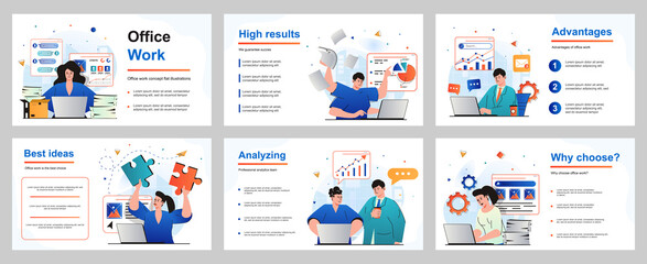 Office work concept for presentation slide template. Employees working at laptops, perform tasks, paperwork, make reports and presentations at business meeting. Vector illustration for layout design