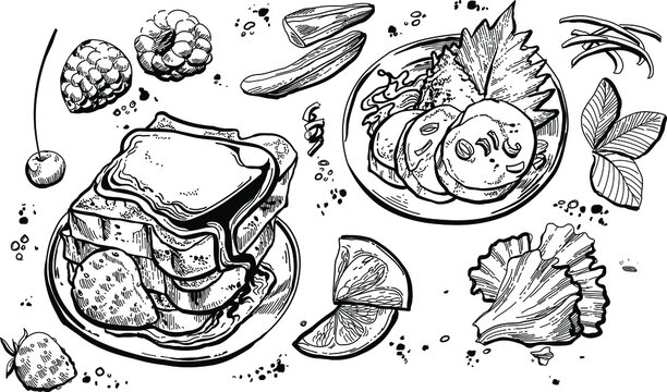 Black and white hand drawn illustration fruits and food