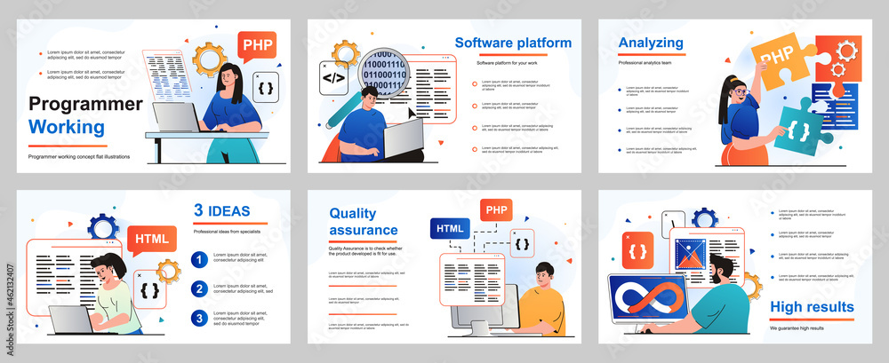 Fototapete Programmer working concept for presentation slide template. Developers program in different programming languages, create software, coding and optimization. Vector illustration for layout design