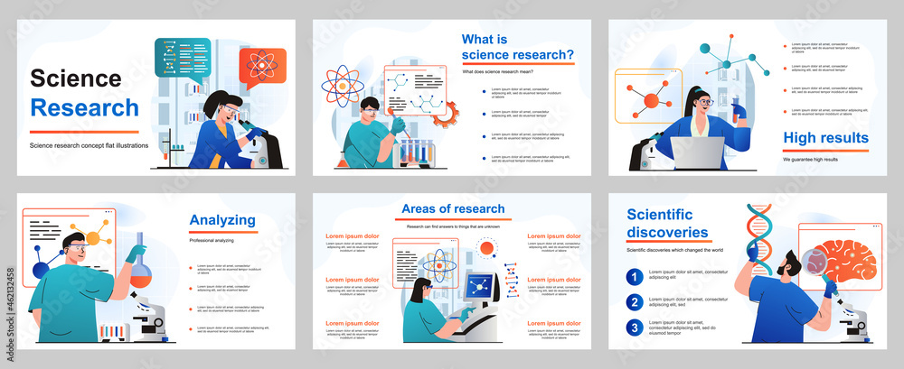 Poster science research concept for presentation slide template. people scientists make tests and experimen
