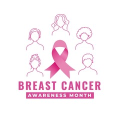 Breast cancer awareness month square banner with women line illustration.
