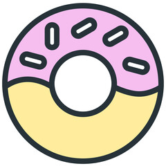 Simple, flat, pink donut icon. Outline design. White sprinkles. Isolated on white