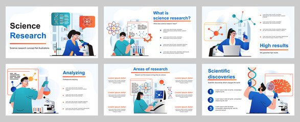 Science research concept for presentation slide template. People scientists make tests and experiments, scientific discoveries, work at professional laboratories. Vector illustration for layout design - obrazy, fototapety, plakaty