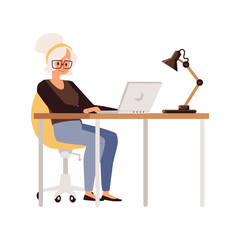 Elderly woman typing on laptop computer, flat vector illustration isolated.