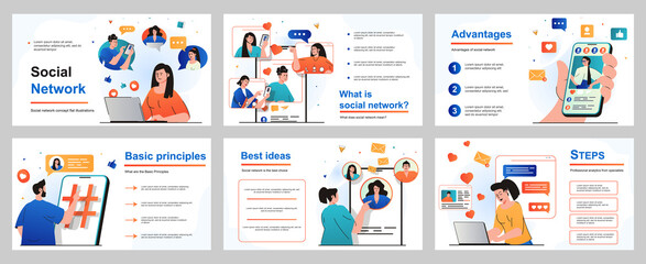Social network concept for presentation slide template. People browse feeds, follow friends profiles, post photos, comment and like, online communication. Vector illustration for layout design