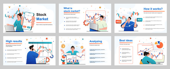 Stock market concept for presentation slide template. People are engaged in trading, analysis financial data graph, buying and selling, investment money. Vector illustration for layout design