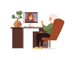 Elderly woman communicates using computer flat vector illustration isolated.