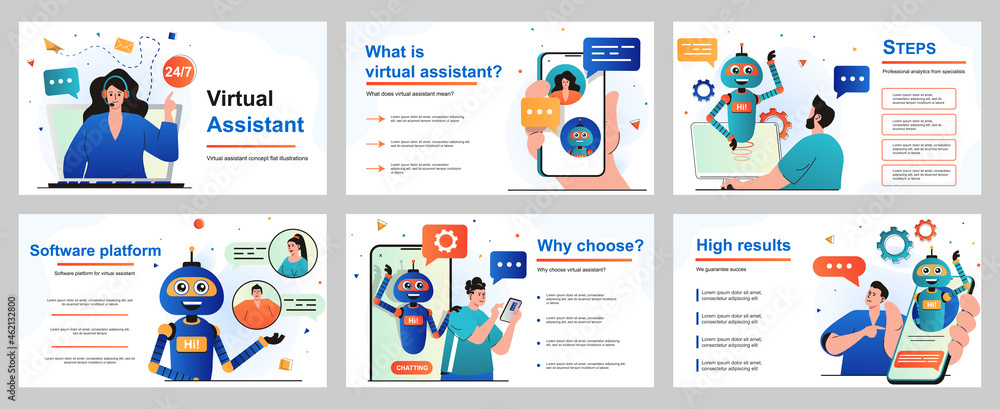 Aufkleber Virtual assistant concept for presentation slide template. Operator advises customers who have contacted support service. Chatbot robot helps and sends messages. Vector illustration for layout design
