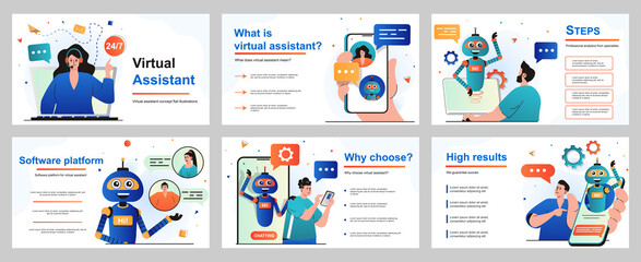 Virtual assistant concept for presentation slide template. Operator advises customers who have contacted support service. Chatbot robot helps and sends messages. Vector illustration for layout design - obrazy, fototapety, plakaty
