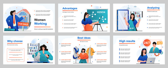 Web design concept for presentation slide template. Female occupations - businesswoman, teacher, hairdresser, veterinarian, seamstress, operator call center. Vector illustration for layout design