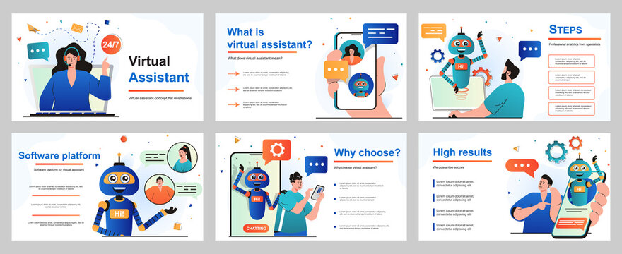 Virtual assistant concept for presentation slide template. Operator advises customers who have contacted support service. Chatbot robot helps and sends messages. Vector illustration for layout design