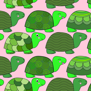 Pattern with painted colorful turtles. Can be used for wallpaper, textiles, packaging, cards, covers. Small cute animal on a beige   background.