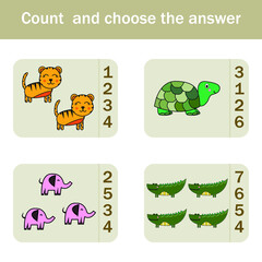 How many counting game with funny forest animal turtles, elephants, tigers, crocodiles. Preschool worksheet, kids activity sheet, printable worksheet
