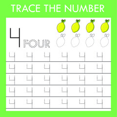 Number four stroke worksheet with fruits lemons for fine motor skills kids. Educational game for preschoolers.
