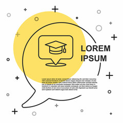 Black line Graduation cap in speech bubble icon isolated on white background. Graduation hat with tassel icon. Random dynamic shapes. Vector