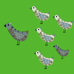 Cute animals bird happy family, with father and children, son and  daughters on green isolated background, vector illustration.