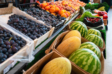 Assortment of fresh fruits and vegetables at market