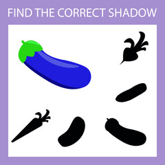 Find a shadow eggplant steam room. Match vegetable with correct shadow Preschool worksheet, kids activity worksheet, printable worksheet
