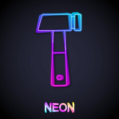 Glowing neon line Hammer icon isolated on black background. Tool for repair. Vector