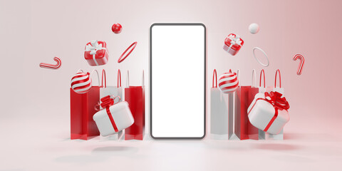 Shopping Online with Smartphone. Marketing and Digital marketing, Christmas gift box, balls, social advertising, 3d illustration