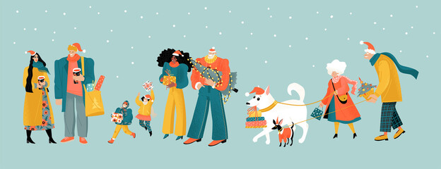 Preparing for Christmas. People with Christmas trees, gifts and mulled wine. Cute characters of family with children, young people and elderly couple with dogs