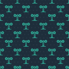 Green line Train traffic light icon isolated seamless pattern on blue background. Traffic lights for the railway to regulate the movement of trains. Vector