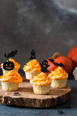 Festive Halloween cupcakes decorated with black toppings. Dark background with pumpkin and copy space, selective focus. Bakery menu