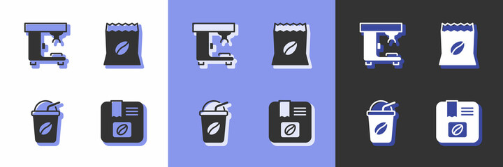 Set Bag of coffee beans, Coffee machine, Iced and icon. Vector