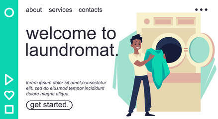 Laundromat self service website banner template, flat vector illustration.