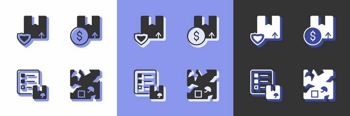 Set Broken cardboard box, Delivery security with shield, Verification of delivery list and Carton icon. Vector