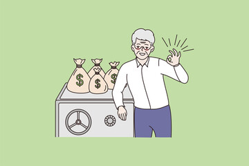 Portrait of smiling elderly businessman make money investment in bank. Happy mature senior man recommend finances saving for future good maturity. Finance concept. Flat vector illustration.