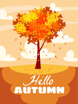 Hello Autumn landscape, city park. Fall, trees in yellow orange foliage, alley, path. Vector background illustration, poster