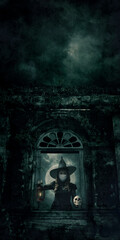 Halloween witch wearing medical face mask holding ancient lamp and skull standing over ancient castle window, full moon with spooky cloudy sky, Halloween and coronavirus or covid-19 concept