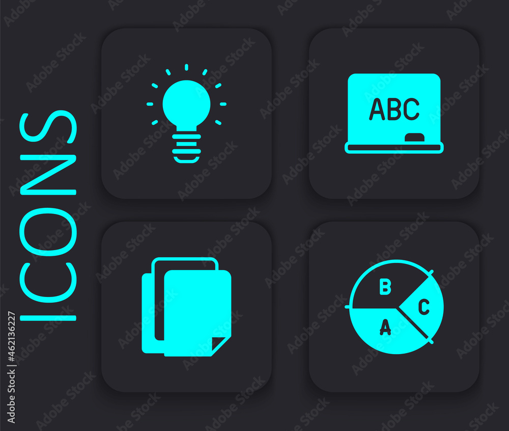 Poster set pie chart infographic, creative lamp light idea, chalkboard and file document icon. black square