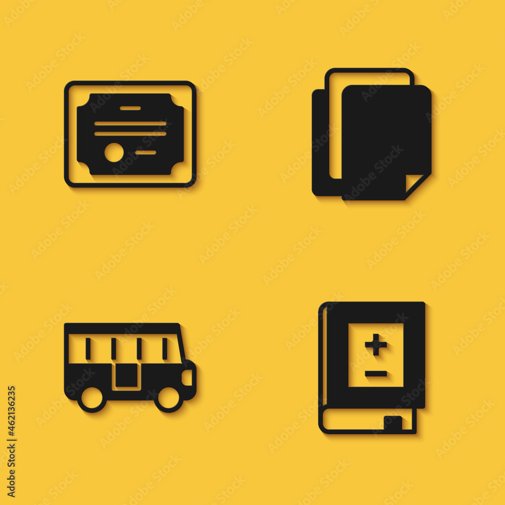 Poster set certificate template, book with mathematics, school bus and file document icon with long shadow.