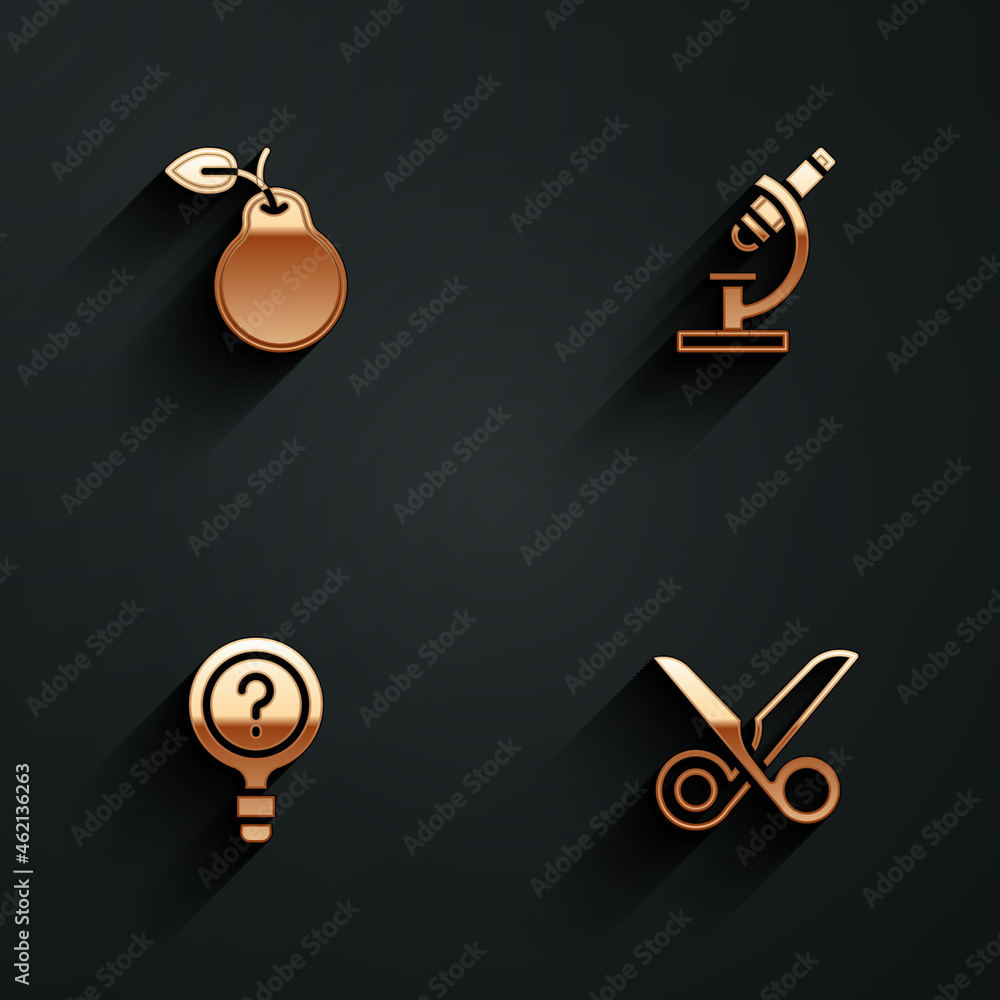 Poster set pear, microscope, unknown search and scissors icon with long shadow. vector